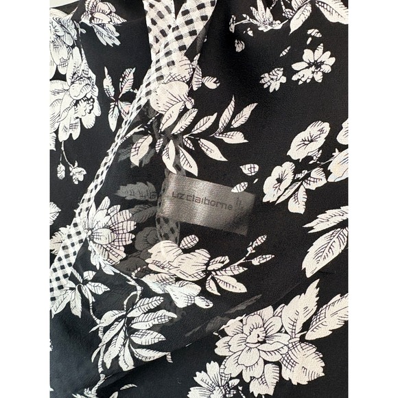 Liz Claiborne Silk Scarf Black White Floral Gingham Check Border Rectangle 46x10 - Picture 3 of 5
